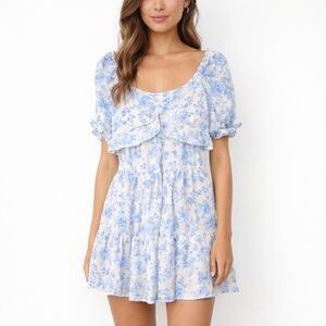 Trixxi Blue and White Floral Mini Dress Puff Sleeve Lined Size Small